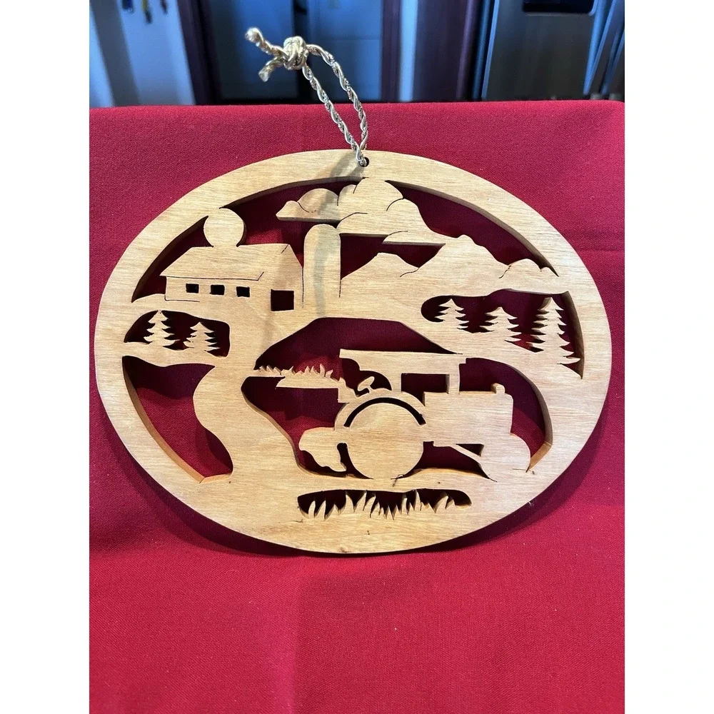 Vintage Christmas Ornament Farm Tractor Country Scene Wood Hanging Decor 8